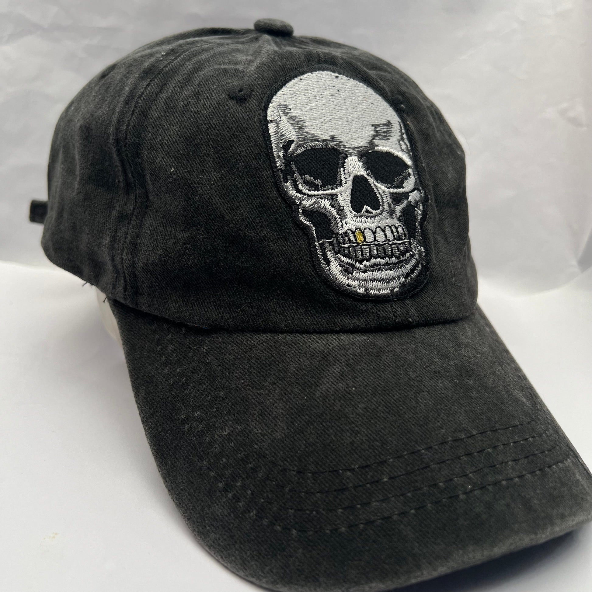 Black Baseball Cap Grey Skull Embroidered patch on Cap one size Hat Unisex Cap
