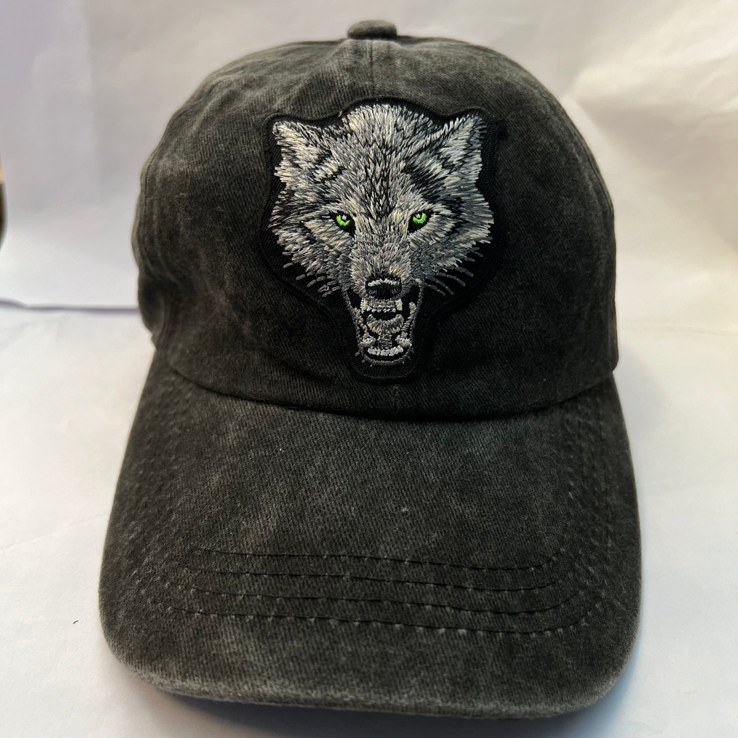 Black Baseball Hat Grey Wolf Embroidered Patch on Cap one size