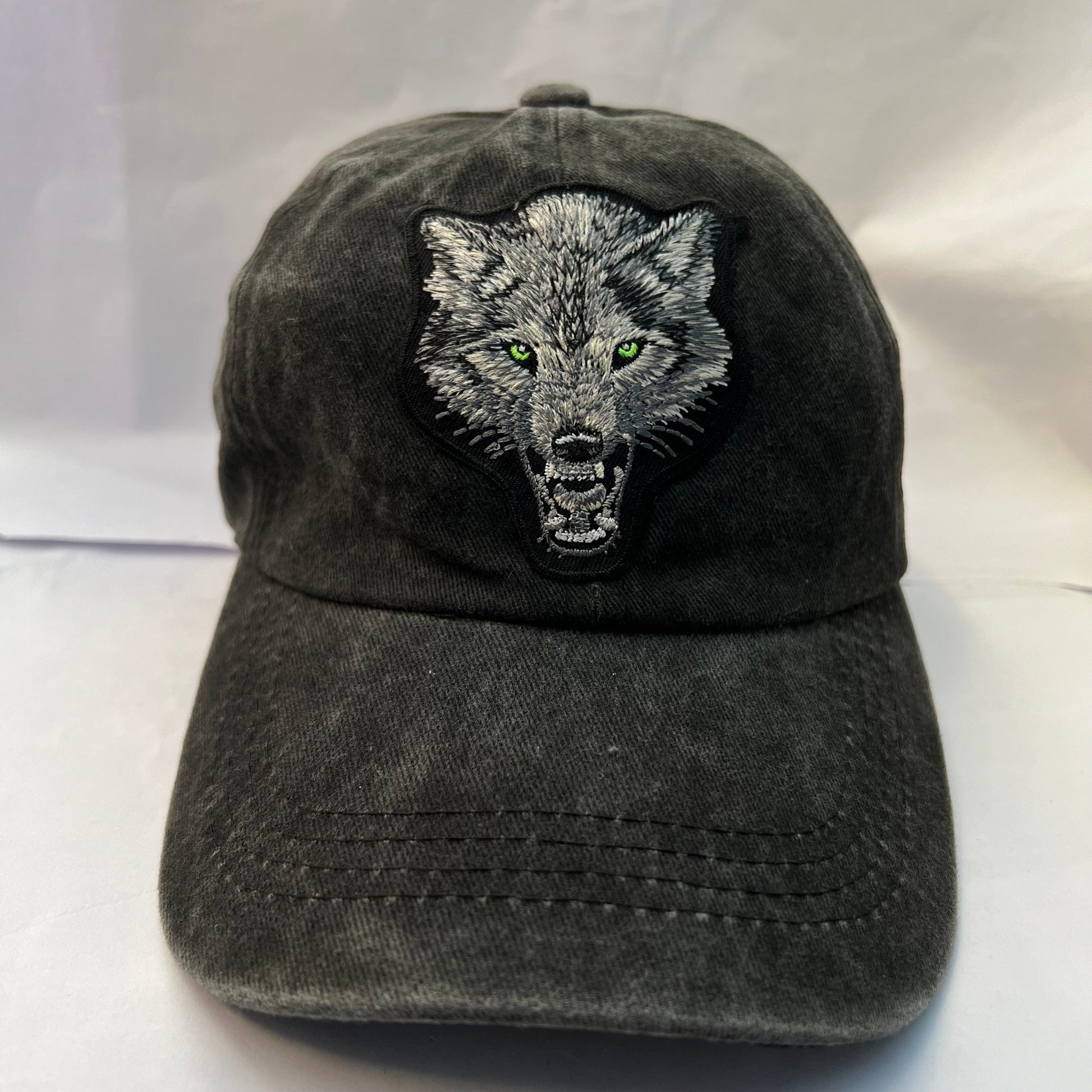 Black Baseball Hat Grey Wolf Embroidered Patch on Cap one size