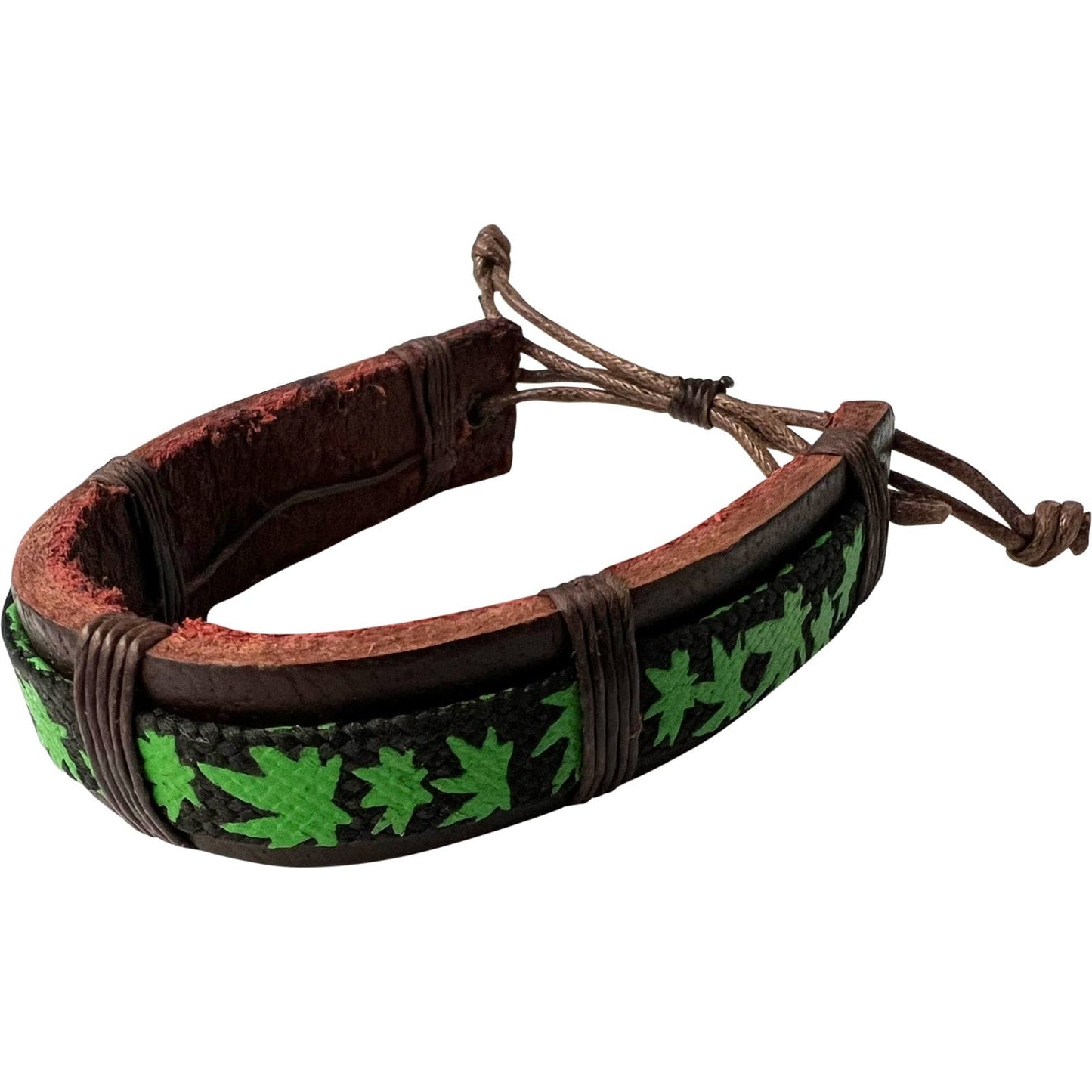 Black Brown Leather Green Cannabis Leaf Bracelet Wristband Bangle Mens Jewellery