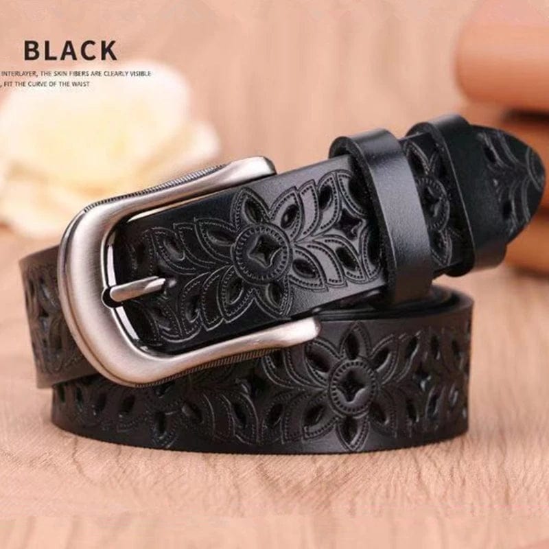 Black Floral Design Genuine Leather Belt