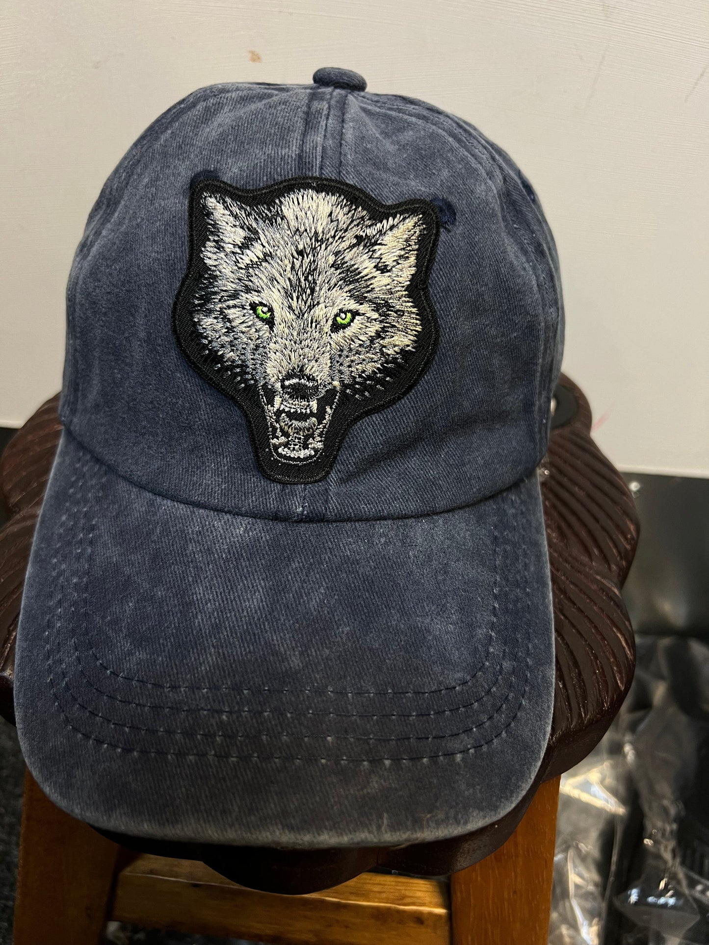 Blue Navy Baseball Hat Grey Wolf Embroidered Patch on Cap one size