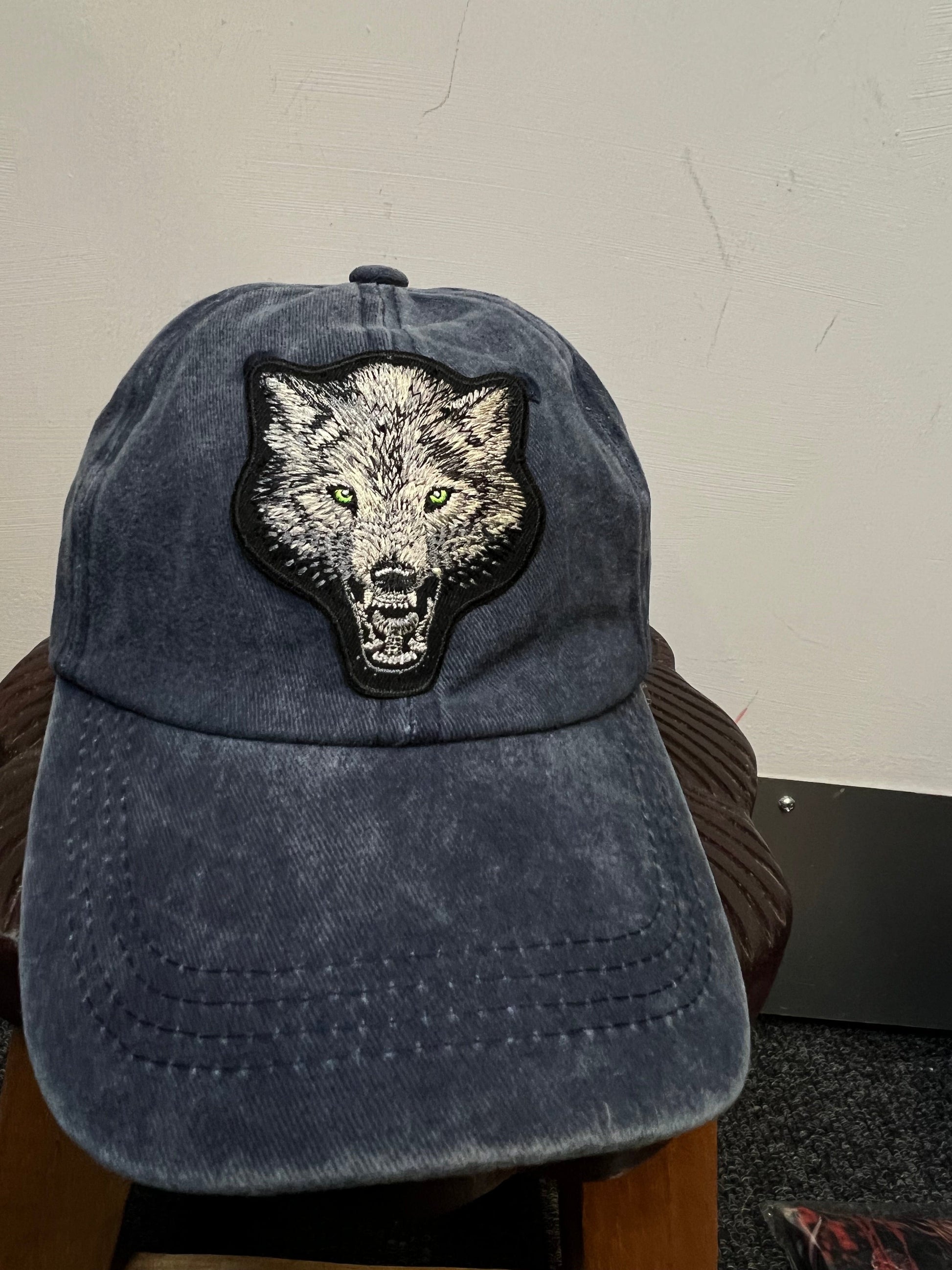 Blue Navy Baseball Hat Grey Wolf Embroidered Patch on Cap one size