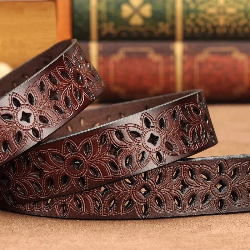 Brown Floral Design Genuine Leather Belt
