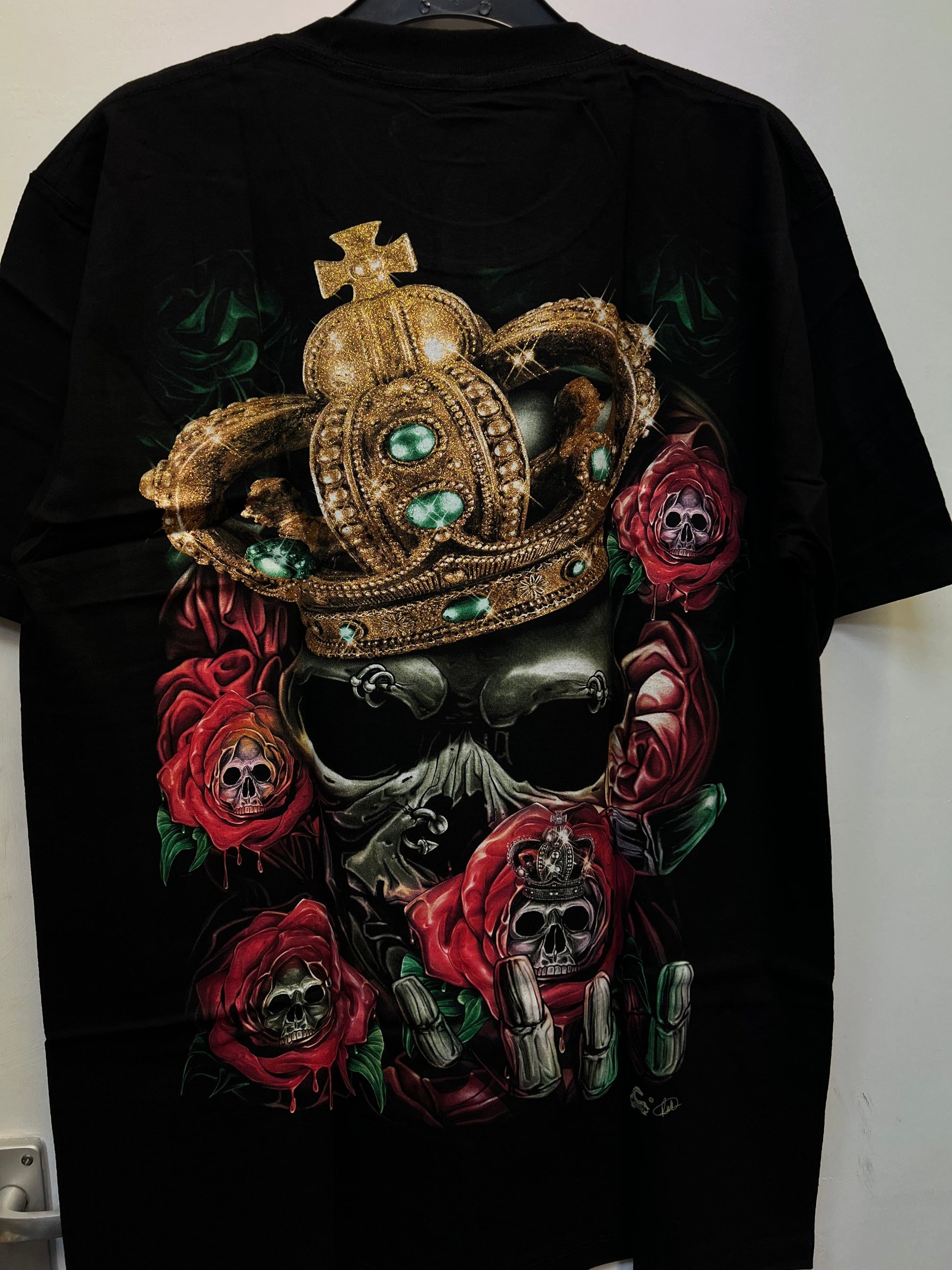 Glow in the Dark Black King Skull Crown Roses T Shirt Size L