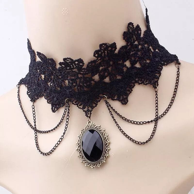 Gothic Victorian Black Lace Necklace Women Girl Boho Crystal Tassel Sexy Lace Choker Dark Loli Style Jewelry