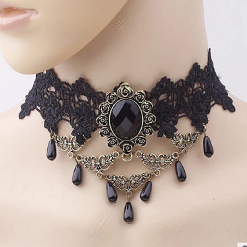 Gothic Victorian Black Lace Necklace Women Girl Boho Crystal Tassel Sexy Lace Choker Dark Loli Style Jewelry