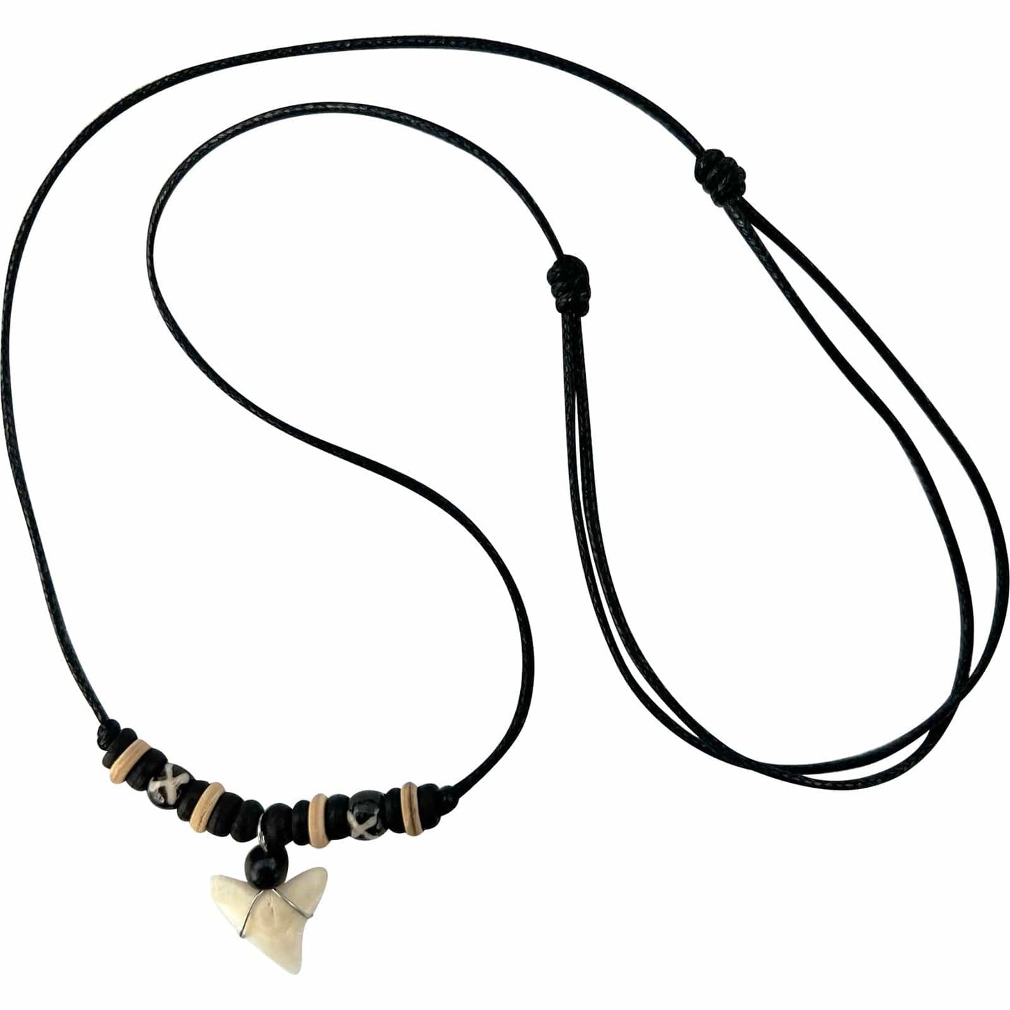 Imitation Resin Shark Tooth Pendant Necklace Wood Beaded Black Cord Chain Mens Womens Jewellery