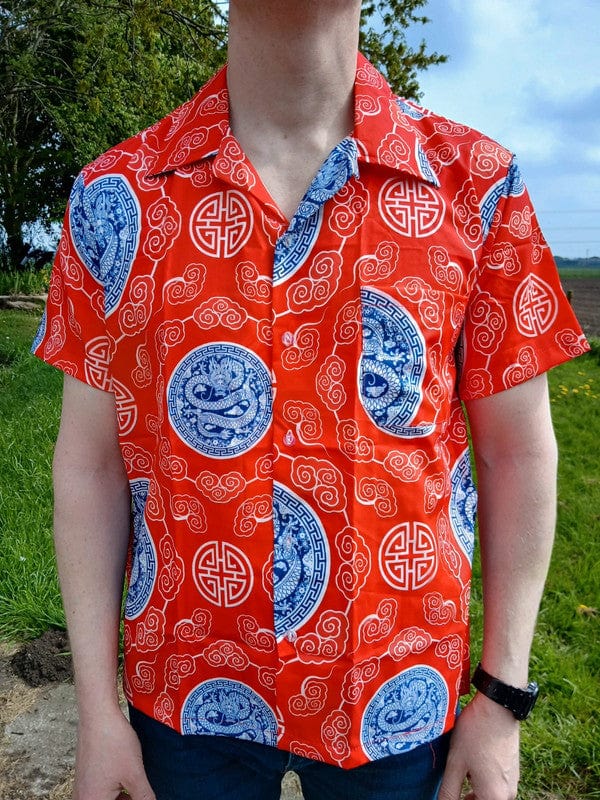 Mens Red Blue Chinese Dragon Hawaiian Summer Travel T Shirt Short Sleeve Size XL