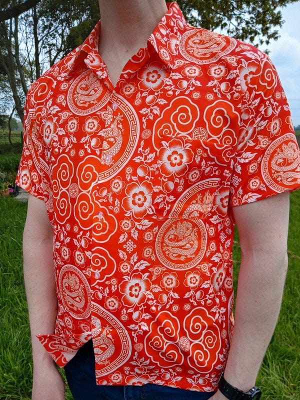 Mens Red White Chinese Dragon Floral Flower Hawaiian Man T Shirt Short Sleeve XL