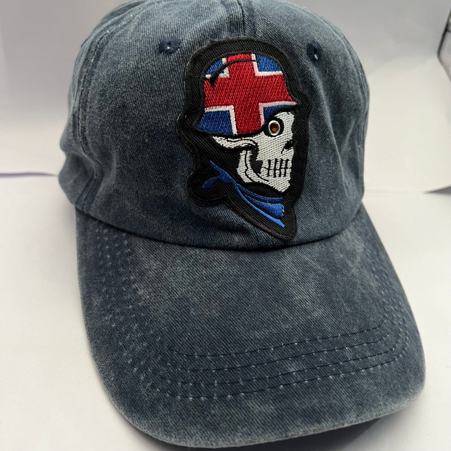 Navy Denim Cap Skull embroidered patch on the hat