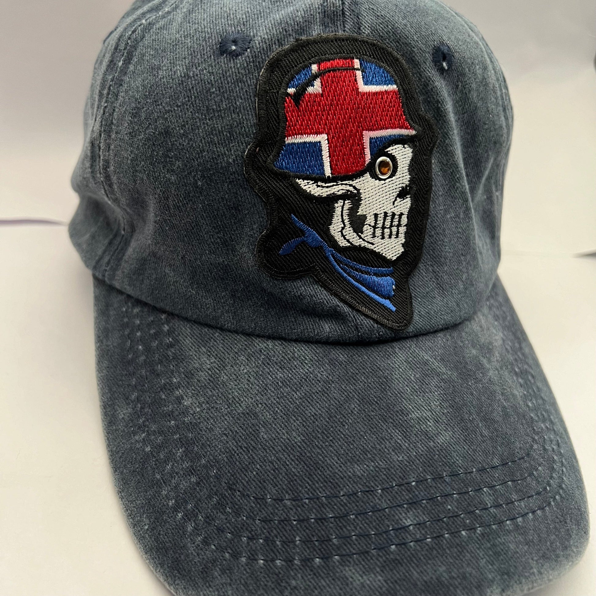 Navy Denim Cap Skull embroidered patch on the hat