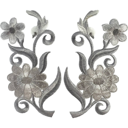 Pair of Grey Bird Flower Patches Iron Sew On Embroidered Badges Appliques Motifs