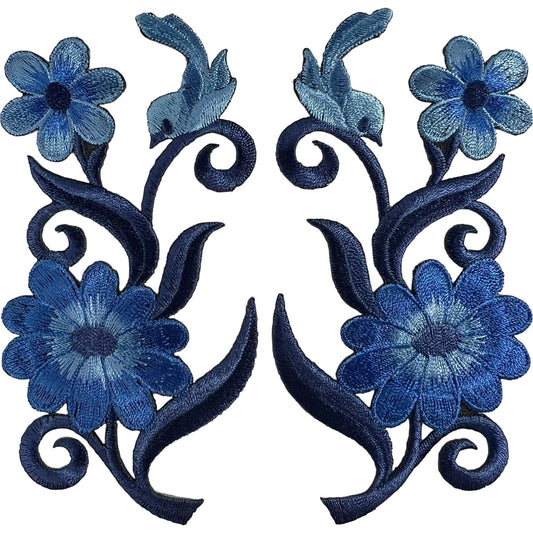 Pair of Iron On Sew On Blue Bird Flower Embroidered Badges Embroidery Patches