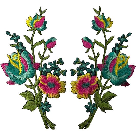 Pair of Rose Flower Patches Iron Sew On Patch Embroidered Badges Pink Turquoise
