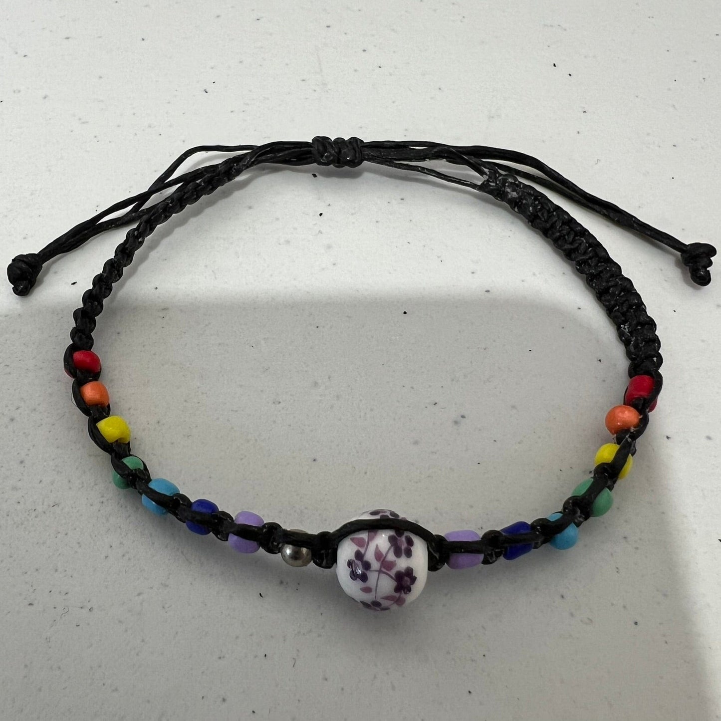 Rainbow Beads Flower Bead Bracelet Black Wristband Bangle Womens Girls Jewellery