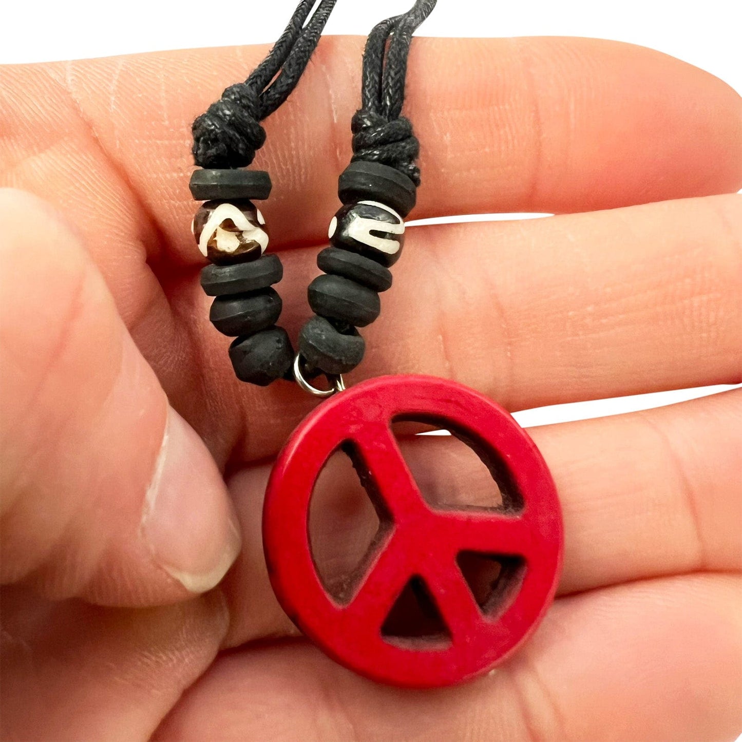 Red Peace Sign Symbol Pendant Necklace Black Cord Chain Mens Womens Jewellery