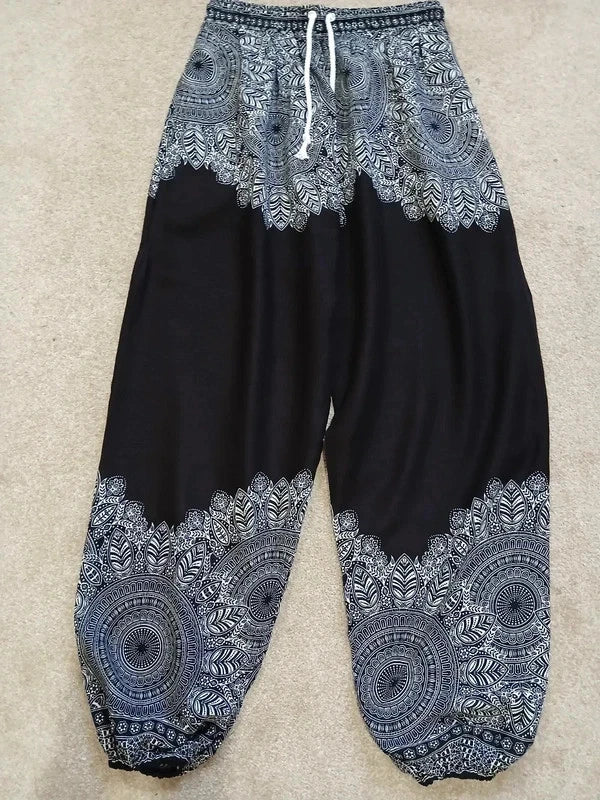 Black Bohemian Flower Printed Hippie Floral Harem Baggy Pants Yoga Trousers