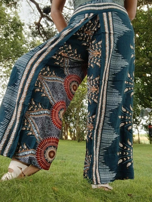 Dark Green Bohemian Feathers Printed Hippie Harem Pants Trousers