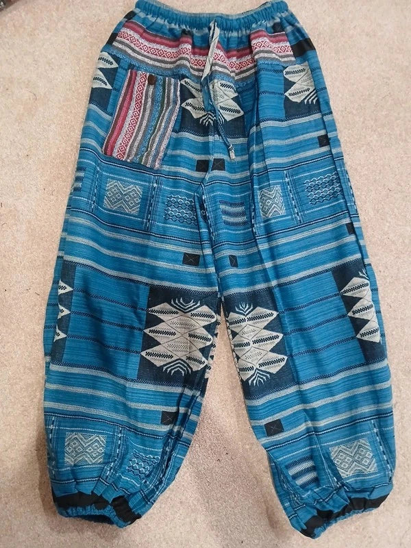 Blue Turquoise Cotton Thailand Harem Poofy Pants Hippy Boho Mens Womens Trousers