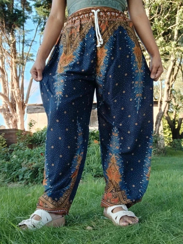 Navy Blue Brown Gold Harem Hippie Pants Wide Leg Peacock Feather Print Trousers