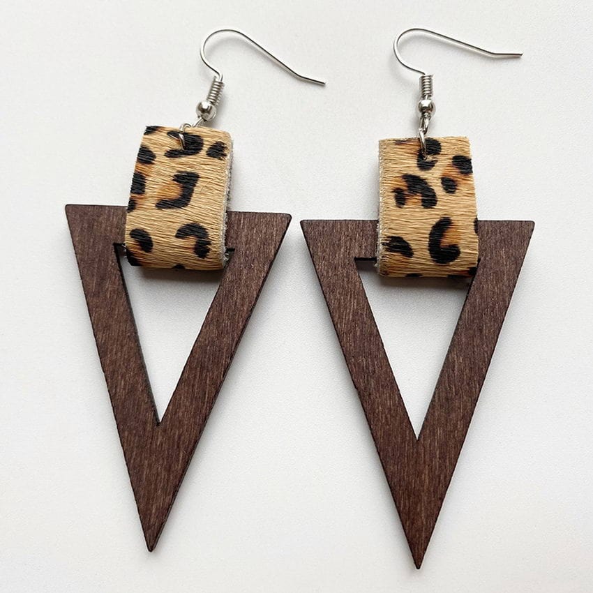 Leopard Triangle Wood Dangle Hook Earrings
