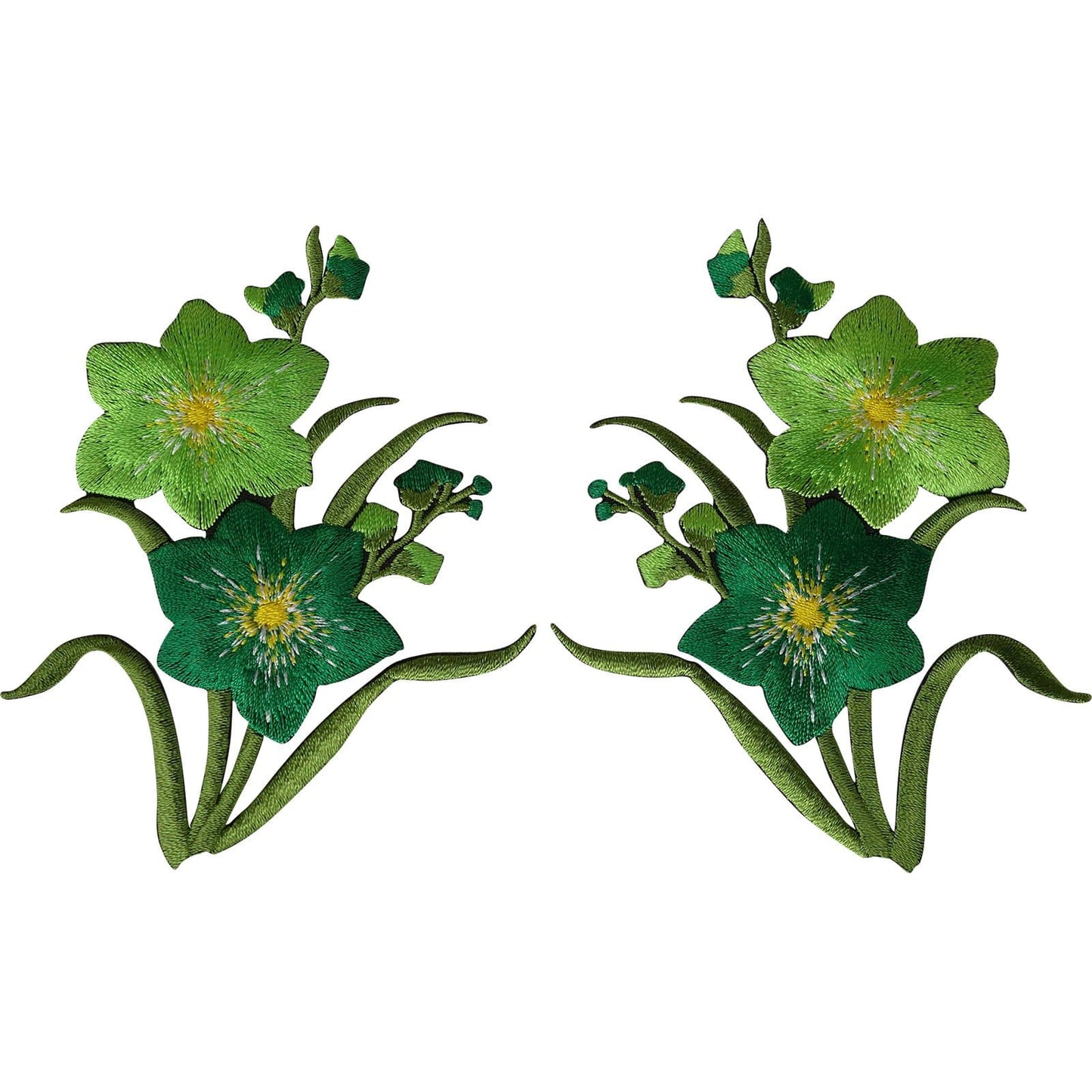 Pair of Green Flower Patches Iron Sew On Flowers Embroidered Patch Badge Motifs