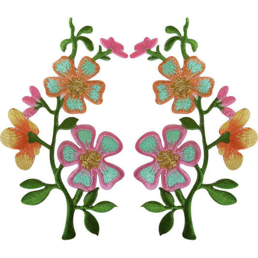 Pair of Pink Peach Flower Patches Iron On Sew On Flowers Embroidered Patch Badge