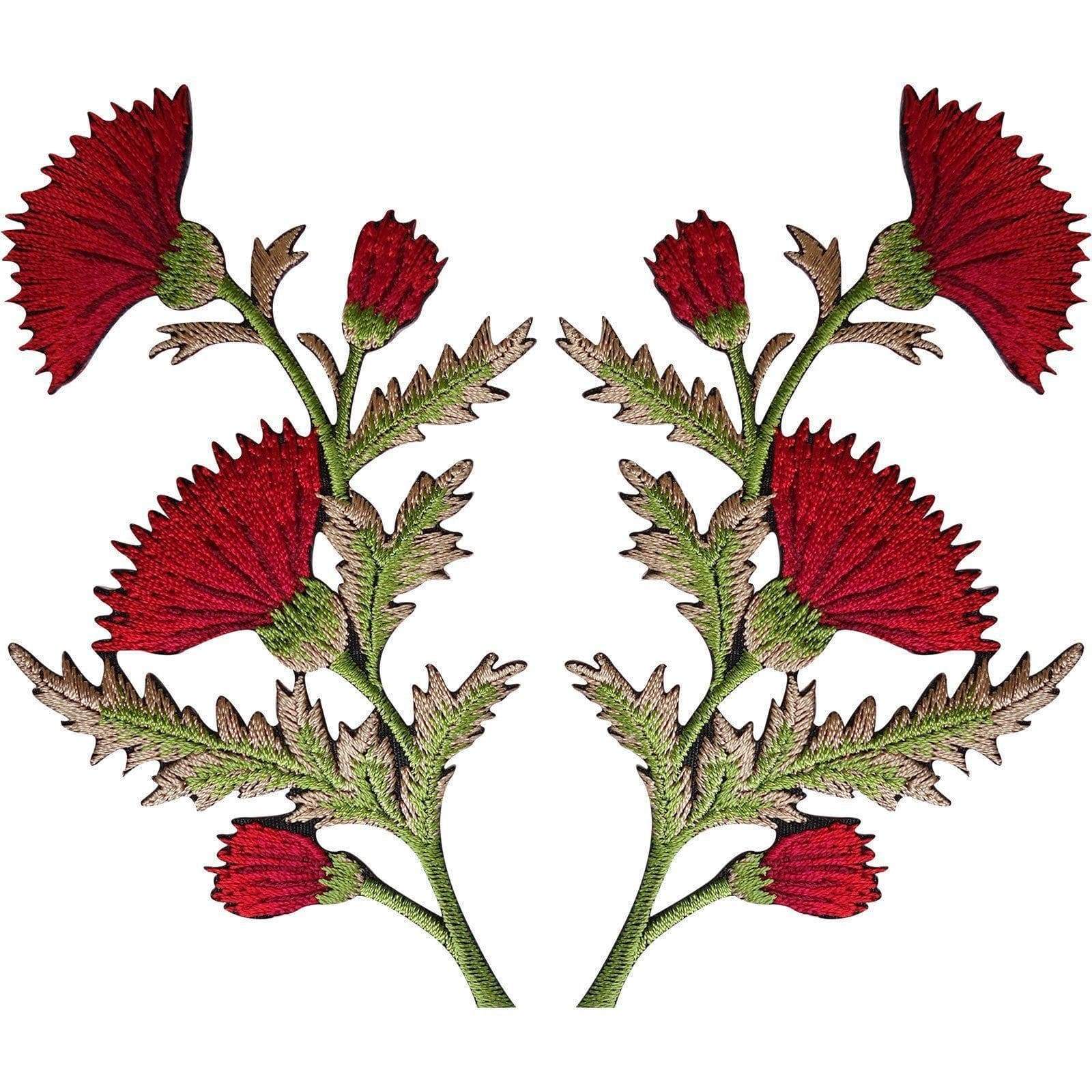 Pair of Red Thistle Flower Patches Iron / Sew On Embroidered Patch Badge Flowers