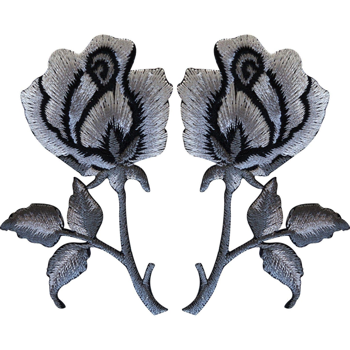 Pair of Rose Flowers Embroidered Iron Sew On Patch Badge Silver Grey Black Roses