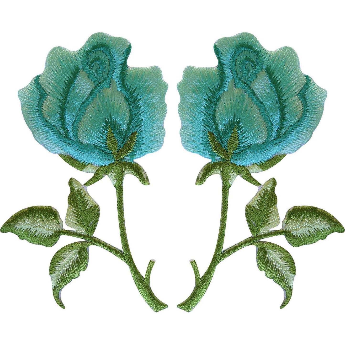 Pair of Turquoise Green Rose Patches Iron Sew On Embroidered Flower Badge Patch