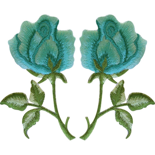 Pair of Turquoise Green Rose Patches Iron Sew On Embroidered Flower Badge Patch
