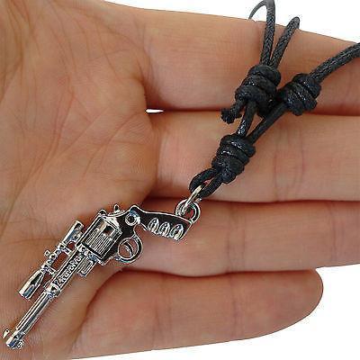 Pistol Gun Sight Pendant Black Cord Chain Necklace Mens Boys Toy Silver Colour