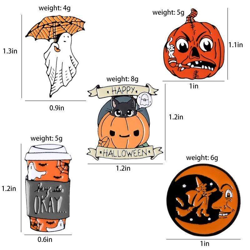 Set of 5 Halloween Enamel Lapel Pin Badges Metal Brooches - Coffee Moon Witch Ghost Pumpkin Cat