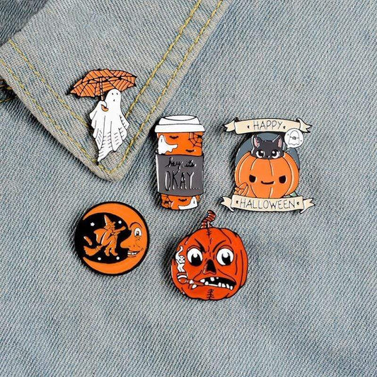 Set of 5 Halloween Enamel Lapel Pin Badges Metal Brooches - Coffee Moon Witch Ghost Pumpkin Cat