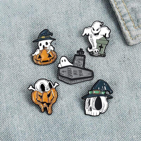 Set of 5 Halloween Enamel Lapel Pin Badges Metal Brooches - Pumpkin Ghost Skull Coffin Witch Hat