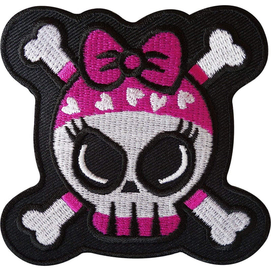 Skull and Crossbones Patch Embroidered Iron Sew On Badge Skeleton Girl Pink Bow