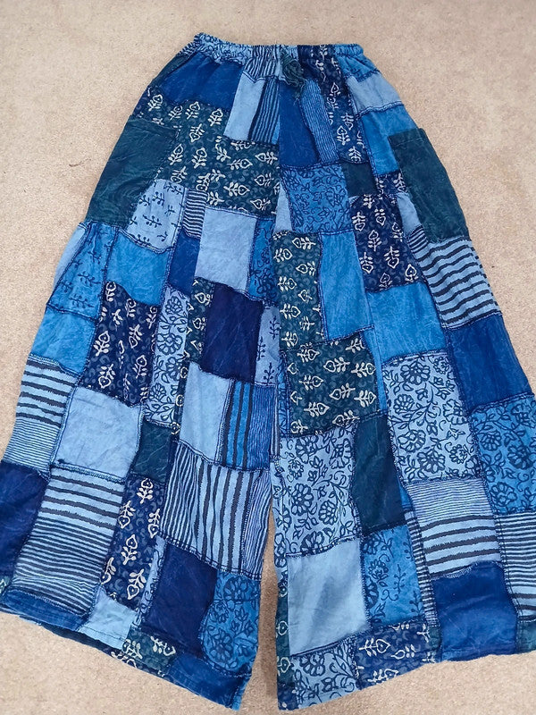 Handmade Blue Bohemian Random Floral Patchwork Hippie Harem Pants Trousers