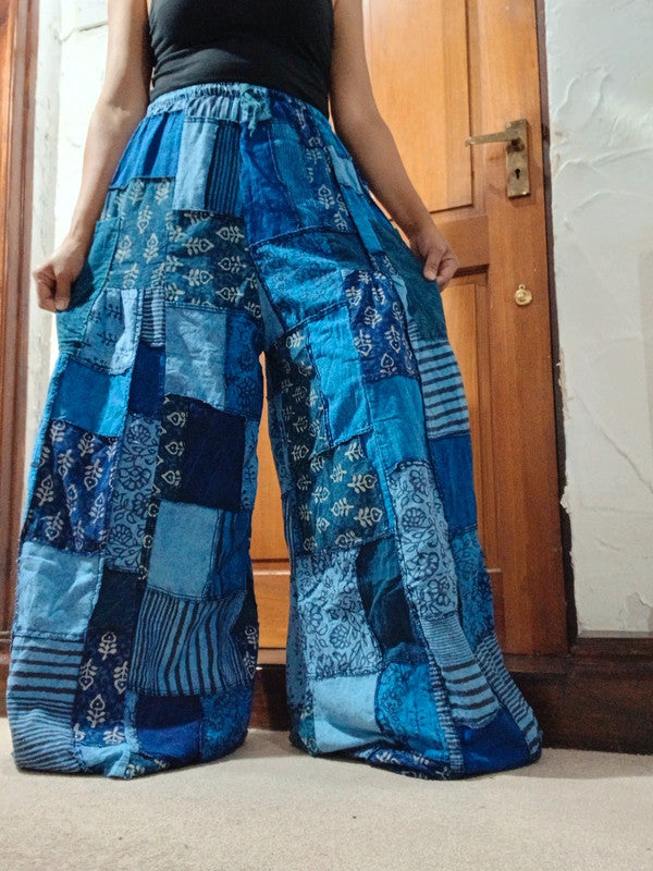 Handmade Blue Bohemian Random Floral Patchwork Hippie Harem Pants Trousers