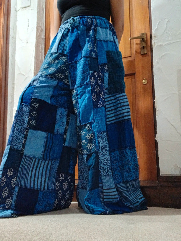 Handmade Blue Bohemian Random Floral Patchwork Hippie Harem Pants Trousers