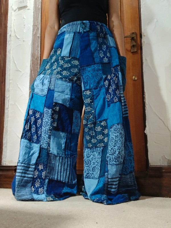 Handmade Blue Bohemian Random Floral Patchwork Hippie Harem Pants Trousers