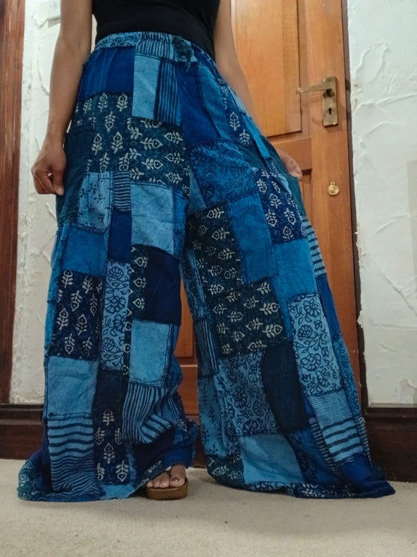 Handmade Blue Bohemian Random Floral Patchwork Hippie Harem Pants Trousers