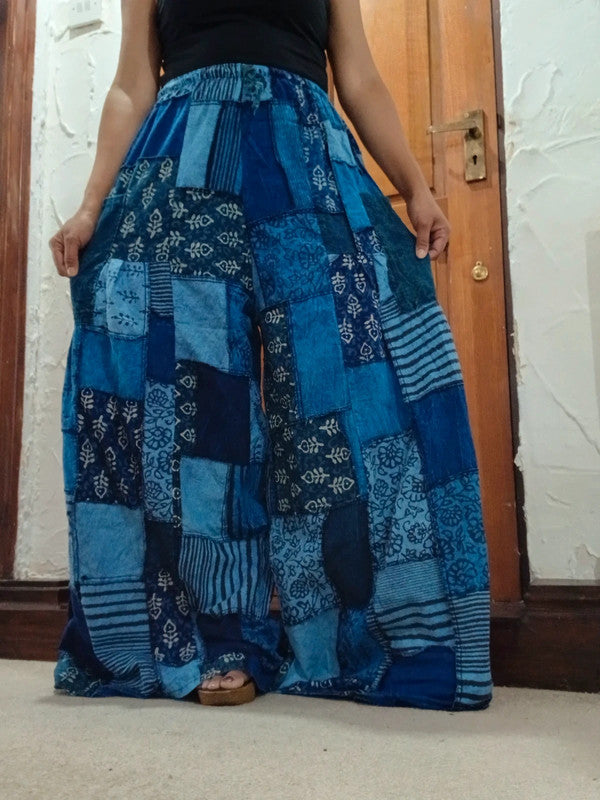 Handmade Blue Bohemian Random Floral Patchwork Hippie Harem Pants Trousers