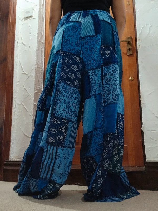 Handmade Blue Bohemian Random Floral Patchwork Hippie Harem Pants Trousers