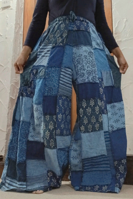 Handmade Blue Bohemian Random Floral Patchwork Hippie Harem Pants Trousers