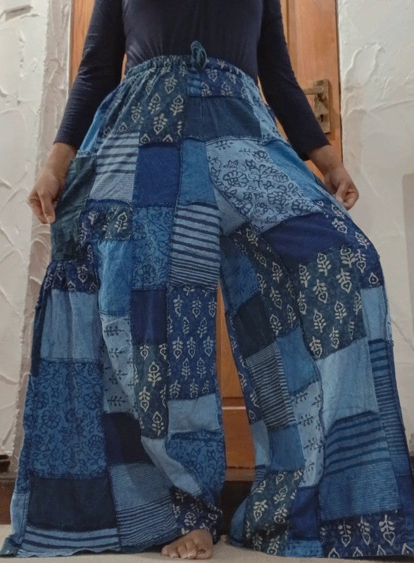 Handmade Blue Bohemian Random Floral Patchwork Hippie Harem Pants Trousers