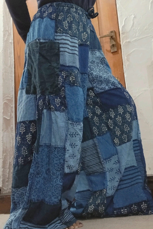 Handmade Blue Bohemian Random Floral Patchwork Hippie Harem Pants Trousers