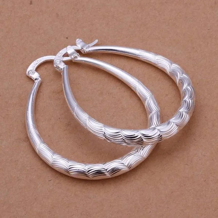925 Sterling Silver Hoop Earrings Jewellery Textured Egg Shape Design