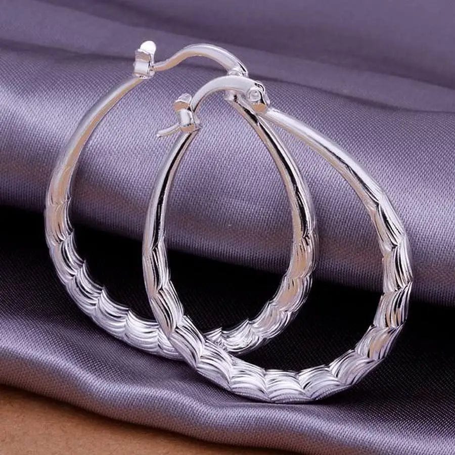 925 Sterling Silver Hoop Earrings Jewellery Textured Egg Shape Design