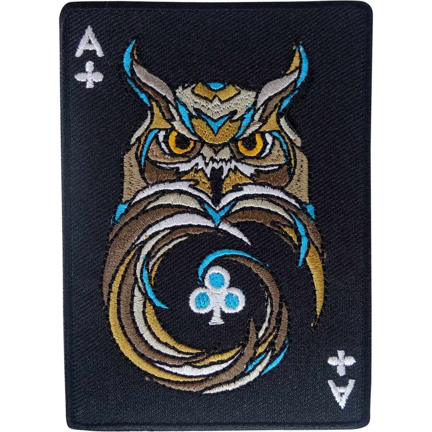 Ace of Clubs Owl Patch Iron Sew On Clothes Black Playing Card Embroidered Badge